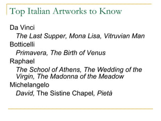 Top Italian Artworks to Know Da Vinci The Last Supper, Mona Lisa, Vitruvian Man Botticelli Primavera, The Birth of Venus Raphael The School of Athens, The Wedding of the Virgin, The Madonna of the Meadow Michelangelo David,  The Sistine Chapel , Piet à 