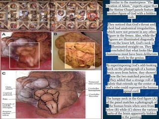 Similar to the masterpiece "The
Creation of Adam," experts argue that
the Sistine Chapel panels feature
another figure of God with a hidden
code.
They noticed that God's throat and
chest had anatomical irregularities,
which were not present in any other
figure in the fresco. Also, while the
figures are illuminated diagonally
from the lower left, God's neck is
illuminated straight-on. They
concluded that what looks like
clumsiness must have been deliberate
work by the genius.
By superimposing God's odd-looking
neck on the photograph of a human
brain seen from below, they showed
how the two matched precisely.
They added that a strange roll of
fabric that extends up the center of
God's robe could represent the human
spinal cord.
The lumpy neck in the God figure (A)
of the panel matches a photograph of
the human brain when seen from
below (B) while (C) shows the various
parts of the brain apparently hidden
in the painting
 