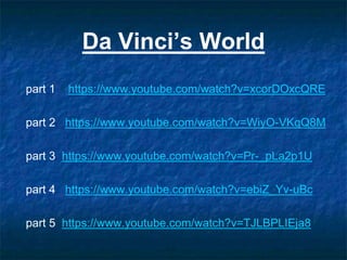 Da Vinci’s World
part 1 https://www.youtube.com/watch?v=xcorDOxcQRE
part 2 https://www.youtube.com/watch?v=WiyO-VKqQ8M
part 3 https://www.youtube.com/watch?v=Pr-_pLa2p1U
part 4 https://www.youtube.com/watch?v=ebiZ_Yv-uBc
part 5 https://www.youtube.com/watch?v=TJLBPLIEja8
 