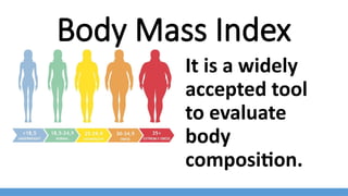 Body Mass Index
It is a widely
accepted tool
to evaluate
body
composition.
 