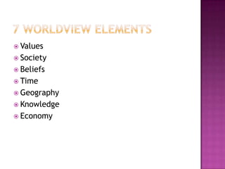 7 Worldview elementsValuesSociety Beliefs Time Geography Knowledge Economy