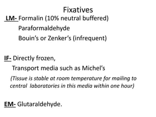 Fixatives
LM- Formalin (10% neutral buffered)
Paraformaldehyde
Bouin’s or Zenker’s (infrequent)
IF- Directly frozen,
Transport media such as Michel’s
(Tissue is stable at room temperature for mailing to
central laboratories in this media within one hour)
EM- Glutaraldehyde.
 