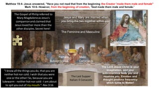 Matthew 19:4- Jesus answered, "Have you not read that from the beginning the Creator 'made them male and female"
Mark 10:6- However, from the beginning of creation, 'God made them male and female.'
The Last Supper
Italian:Il Cenacolo
The Feminine and Masculine
Female Male
The Gospel of Philip referred to
Mary Magdaleneas Jesus's
companionand claimed that
Jesus loved her more than the
other disciples. Secret here!
Subconscious Conscious
The Lord Jesus Christ is your
imagination, and your
subconscious feels you and
receives you. Emotion and
thought produce frequency
which turns to Matter!
"I know all the things you do, that you are
neither hot nor cold. I wish that you were
one or the other! So, because you are
lukewarm - neither hot nor cold - I am about
to spit you out of my mouth."- Rev 3:16
Jesus and Mary are married when
you bring the two together within you!
 