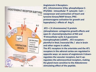 Angiotensin II Receptors-
AT1- (chromosome 3/Gq- phospholipase C-
IP3/DAG - intracellular ↑ cytosolic Ca2+ -
vasopressor and contraction of heart and
tyrosine kinase/MAP kinase /PKC-
protooncogene activation for growth and
hyperplasia.)- effects of Ang II.

 AT2—( X chromosome/ G protein
/phosphatases -antagonize growth effects and
open K+ channel/production of NO and
↑intracellular cyclic 3,5-guanosine
monophosphate (cGMP). . AT2 receptors -
plentiful in fetal /neonatal life / also in brain
and other organs in adults.
The AT1 receptors in the arterioles and the AT1
receptors in the adrenal cortex are regulated in
opposite ways: an excess of angiotensin II down-
regulates the vascular receptors, but it up-
regulates the adrenocortical receptors, making
the gland more sensitive to the Aldosterone-
stimulating effect of the peptide.
 