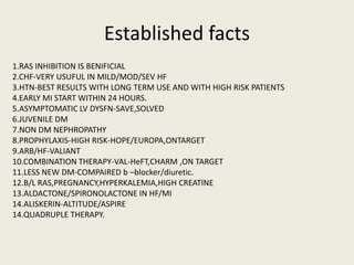 Established facts
1.RAS INHIBITION IS BENIFICIAL
2.CHF-VERY USUFUL IN MILD/MOD/SEV HF
3.HTN-BEST RESULTS WITH LONG TERM USE AND WITH HIGH RISK PATIENTS
4.EARLY MI START WITHIN 24 HOURS.
5.ASYMPTOMATIC LV DYSFN-SAVE,SOLVED
6.JUVENILE DM
7.NON DM NEPHROPATHY
8.PROPHYLAXIS-HIGH RISK-HOPE/EUROPA,ONTARGET
9.ARB/HF-VALIANT
10.COMBINATION THERAPY-VAL-HeFT,CHARM ,ON TARGET
11.LESS NEW DM-COMPAIRED b –blocker/diuretic.
12.B/L RAS,PREGNANCY,HYPERKALEMIA,HIGH CREATINE
13.ALDACTONE/SPIRONOLACTONE IN HF/MI
14.ALISKERIN-ALTITUDE/ASPIRE
14.QUADRUPLE THERAPY.
 