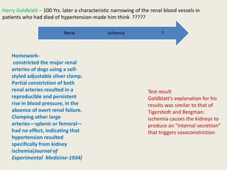 Harry Goldblatt – 100 Yrs. later a characteristic narrowing of the renal blood vessels in
patients who had died of hypertension-made him think ?????

                           Renal               ischemia                ?



    Homework-
     constricted the major renal
    arteries of dogs using a self-
    styled adjustable silver clamp.
    Partial constriction of both
    renal arteries resulted in a                                 Test result
    reproducible and persistent                                  Goldblatt’s explanation for his
    rise in blood pressure, in the                               results was similar to that of
    absence of overt renal failure.                              Tigerstedt and Bergman:
    Clamping other large                                         ischemia causes the kidneys to
    arteries—splenic or femoral—                                 produce an “internal secretion”
    had no effect, indicating that                               that triggers vasoconstriction
    hypertension resulted
    specifically from kidney
    ischemia(Journal of
    Experimental Medicine-1934)
 