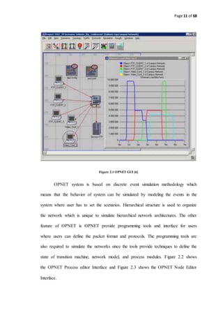 Page 11 of 68
Figure 2.1 OPNET GUI [6]
OPNET system is based on discrete event simulation methodology which
means that the behavior of system can be simulated by modeling the events in the
system where user has to set the scenarios. Hierarchical structure is used to organize
the network which is unique to simulate hierarchical network architectures. The other
feature of OPNET is OPNET provide programming tools and interface for users
where users can define the packet format and protocols. The programming tools are
also required to simulate the networks since the tools provide techniques to define the
state of transition machine, network model, and process modules. Figure 2.2 shows
the OPNET Process editor Interface and Figure 2.3 shows the OPNET Node Editor
Interface.
 