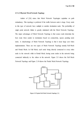 Page 31 of 68
2.7.1.3 Physical MeshNetwork Topology
Author of [24] states that Mesh Network Topologies capitalize on path
redundancy. This topology is preferred if the traffic between node is large. Every node
in this type of network have multiple to another destination node. The probability of
single point network failure is greatly minimized with the Mesh Network Topology.
The major advantages of Mesh Network Topology is that source node determine the
best route from sender to destination based on connectivity, speed, pending node
tasks. A disadvantage of Mesh Network Topology is that it incur large cost when
implementation. There are two types of Mesh Network Topology namely Full Mesh
and Partial Mesh. In Full Mesh, each node being directly connected to every other
node in the network while in Partial Mesh, having some nodes in the network being
connected indirectly to the others in the network. Figure 2.9 shows the Full Mesh
Network Topology and Figure 2.10 shows the Partial Mesh Network Topology.
Figure 2.9 Typical Full Mesh Network Topology [24]
 