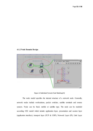 Page 52 of 68
4.1.2 Node Domain Design
Figure 4.3 Individual Network Node Modeling[15]
The node model specifies the internal structure of a network node. Generally,
network nodes include workstations, packet switches, satellite terminals and remote
sensors. Node can be fixed, mobile or satellite type. The node can be modeled
according OSI model which include application layer, presentation and session layer
(application interface), transport layer (TCP & UDP), Network Layer (IP), Link Layer
 
