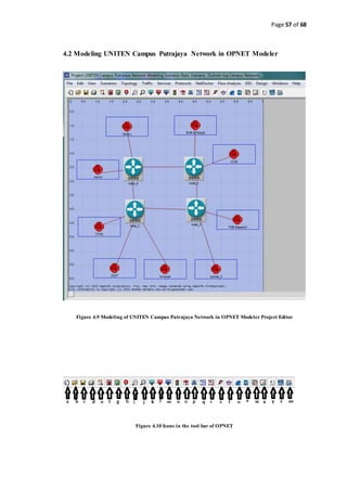 Page 57 of 68
4.2 Modeling UNITEN Campus Putrajaya Network in OPNET Modeler
Figure 4.9 Modeling of UNITEN Campus Putrajaya Network in OPNET Modeler Project Editor
Figure 4.10 Icons in the tool bar of OPNET
 