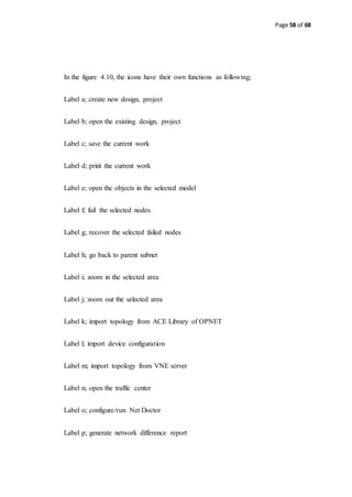 Page 58 of 68
In the figure 4.10, the icons have their own functions as following;
Label a; create new design, project
Label b; open the existing design, project
Label c; save the current work
Label d; print the current work
Label e; open the objects in the selected model
Label f; fail the selected nodes
Label g; recover the selected failed nodes
Label h; go back to parent subnet
Label i; zoom in the selected area
Label j; zoom out the selected area
Label k; import topology from ACE Library of OPNET
Label l; import device configuration
Label m; import topology from VNE server
Label n; open the traffic center
Label o; configure/run Net Doctor
Label p; generate network difference report
 