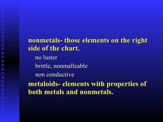 nonmetals- those elements on the right
side of the chart.
  no luster
  brittle, nonmalleable
  non conductive
metaloids- elements with properties of
both metals and nonmetals.
 