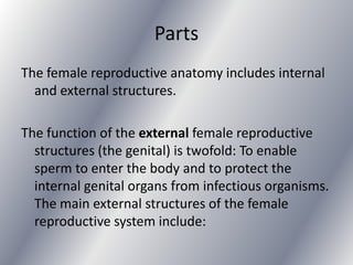 Parts
The female reproductive anatomy includes internal
  and external structures.

The function of the external female reproductive
  structures (the genital) is twofold: To enable
  sperm to enter the body and to protect the
  internal genital organs from infectious organisms.
  The main external structures of the female
  reproductive system include:
 