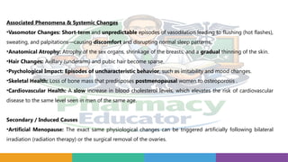 Associated Phenomena & Systemic Changes
•Vasomotor Changes: Short-term and unpredictable episodes of vasodilation leading to flushing (hot flashes),
sweating, and palpitations—causing discomfort and disrupting normal sleep patterns.
•Anatomical Atrophy: Atrophy of the sex organs, shrinkage of the breasts, and a gradual thinning of the skin.
•Hair Changes: Axillary (underarm) and pubic hair become sparse.
•Psychological Impact: Episodes of uncharacteristic behavior, such as irritability and mood changes.
•Skeletal Health: Loss of bone mass that predisposes postmenopausal women to osteoporosis .
•Cardiovascular Health: A slow increase in blood cholesterol levels, which elevates the risk of cardiovascular
disease to the same level seen in men of the same age.
Secondary / Induced Causes
•Artificial Menopause: The exact same physiological changes can be triggered artificially following bilateral
irradiation (radiation therapy) or the surgical removal of the ovaries.
 