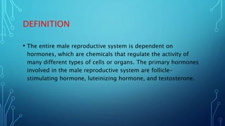 DEFINITION
• The entire male reproductive system is dependent on
hormones, which are chemicals that regulate the activity ...