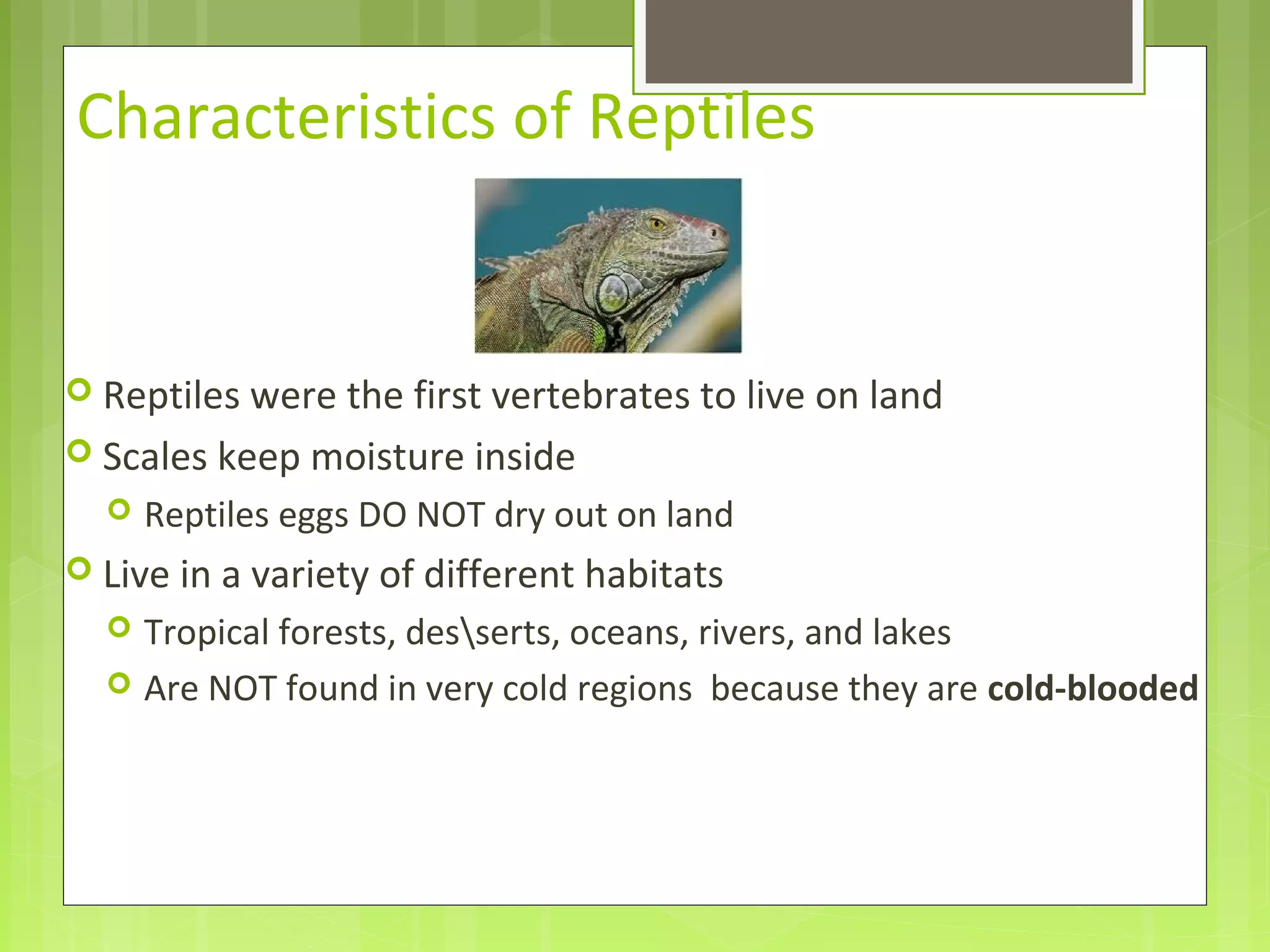 Characteristics of Reptiles
 Reptiles were the first vertebrates to live on land
 Scales keep moisture inside
 Reptiles eggs DO NOT dry out on land
 Live in a variety of different habitats
 Tropical forests, desserts, oceans, rivers, and lakes
 Are NOT found in very cold regions because they are cold-blooded
 