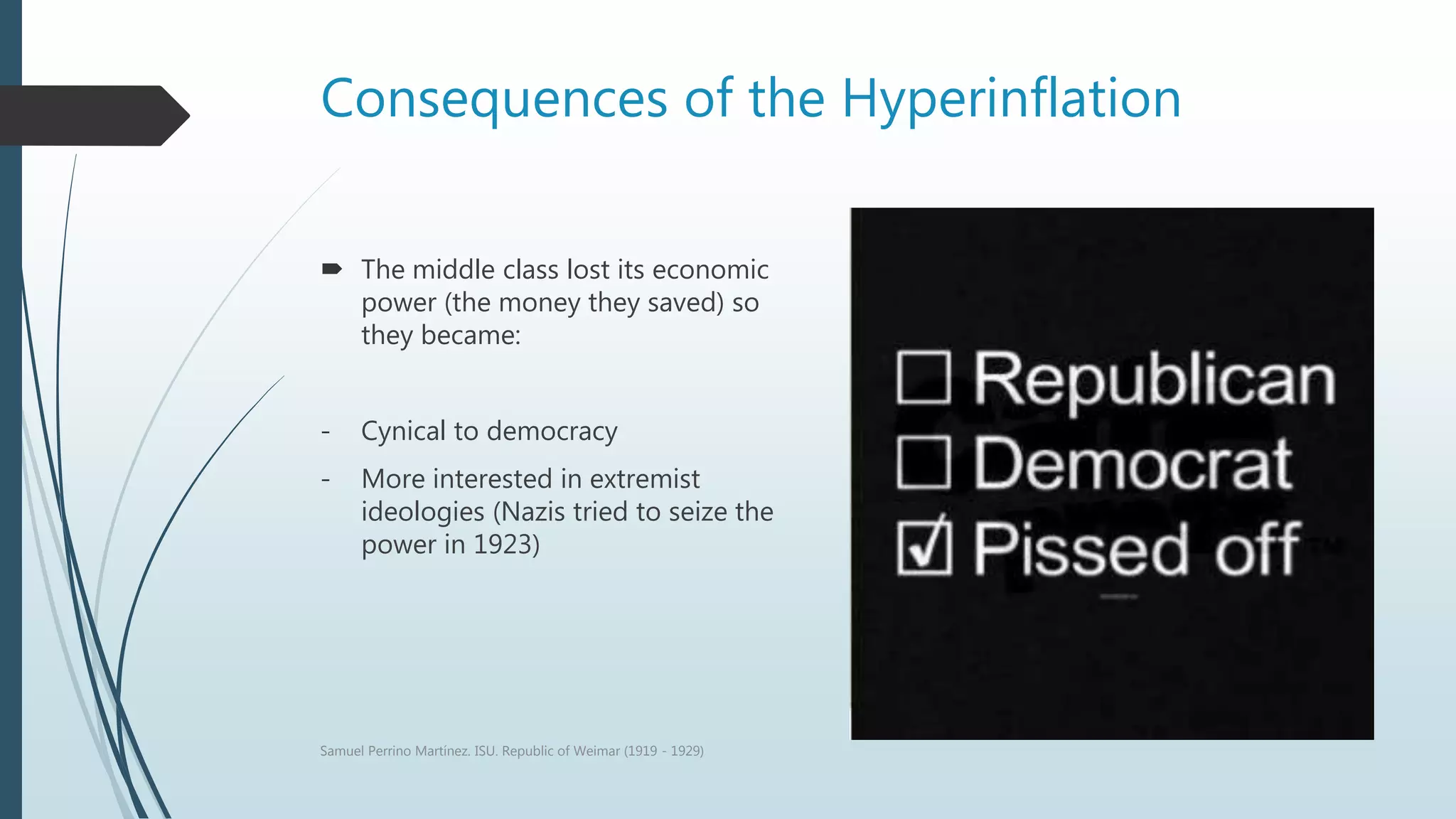 Consequences of the Hyperinflation
 The middle class lost its economic
power (the money they saved) so
they became:
- Cynical to democracy
- More interested in extremist
ideologies (Nazis tried to seize the
power in 1923)
Samuel Perrino Martínez. ISU. Republic of Weimar (1919 - 1929)
 