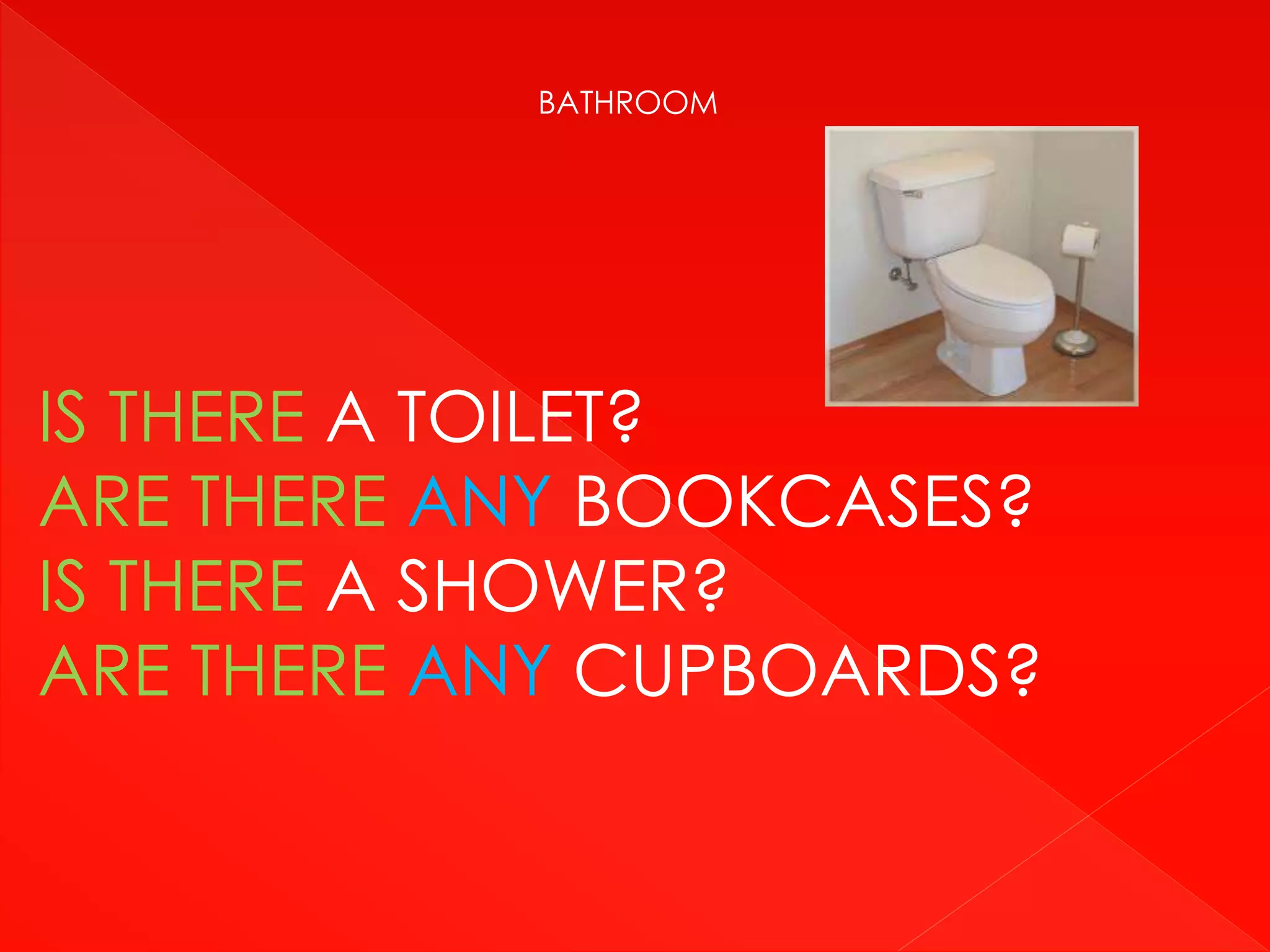 BATHROOM
IS THERE A TOILET?
ARE THERE ANY BOOKCASES?
IS THERE A SHOWER?
ARE THERE ANY CUPBOARDS?