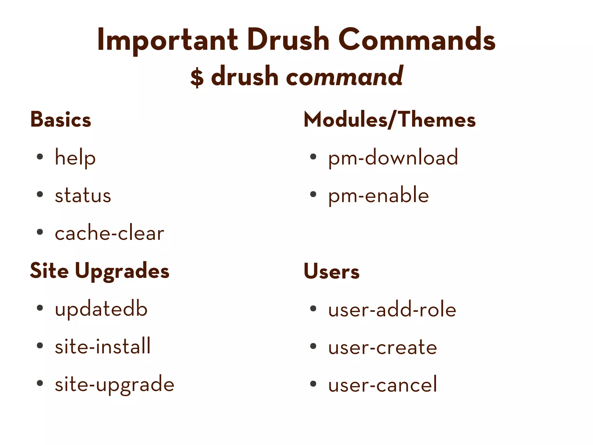 Important Drush Commands
$ drush command
Basics Modules/Themes
● help ● pm-download
● status ● pm-enable
● cache-clear
Site Upgrades Users
● updatedb ● user-add-role
● site-install ● user-create
● site-upgrade ● user-cancel