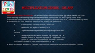 MULTIPLICATION GENIUS – IOS APP 
Multiplication Genius Lite (Free Lite: This multiplication flash-card based math app is high-interest and skills 
based learning. Students enjoy the positive reinforcement based format and learn rapidly. I use it in my 
classroom because it can be custom tailored to focus on specific multiplication facts. This app serves many of the 
K-6 Common Core State Standards, but here is one primary 6th grade focus: 
• Common Core Content Standards Connection: 
Operations and Algebraic Thinking 3.OA 
• Represent and solve problems involving multiplication and 
division. 
• Interpret products of whole numbers, e.g., interpret 5 × 7 as 
the total number of objects in 5 groups of 7 objects each, or 7 
groups of 5 objects each. For example, describe a context in 
which a total number of objects can be expressed as 5 × 7. 
• Rubric: CC Relevant, Authenticity, Feedback, Differentiation, Friendliness, Instructions, Higher Order Thinking 
 