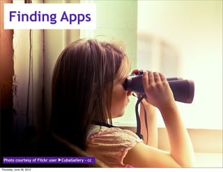 Finding Apps




 Photo courtesy of Flickr user ▶CubaGallery - cc

Thursday, June 28, 2012
 
