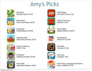 Amy's Picks
                          AlphaTots                       LEGO Photo
                          Spinlight Studio, $1.99         The LEGO Group, Free


                          Peek-a-Zoo                      LEGO Instructions
                          Duck Duck Moose, $0.99          ArtelPlus, Free



                          SimpleSort                      Faces iMake
                          KidsAndBeyond, $0.99            iMagine Machine, $2.99



                          Peekaboo Barn                   TypeDrawing
                          Night & Day Studios, $1.99      Hansol Huh, $2.99



                          Funky Fruitilicious             Percolator
                          ONCE, Free                      Tinrocket, $1.99



                          Felt Board                      Tap & Say
                          Software Smoothie, $2.99        Codegent, Free



                          Photo Wall                      World Flags, Geography & Anthems
                          App Street Software, $2.99      Garry Froehlich, $1.99

Thursday, June 28, 2012
 
