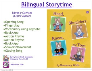 Bilingual Storytime
                     Libros y Cuentos
                      (Claire Moore)

    •Opening Song
    •Fingerplay
    •Vocabulary using Keynote
    •Book/App
    •Action Rhyme
    •Action Rhyme
    •Book/App
    •Shakers/Movement
    •Closing Song
                 Bunny Fun; Head, Shoulders,
                 Knees and Toes, $3.99


                 I Hear Ewe, Free

Thursday, June 28, 2012
 
