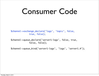 Consumer Code

                 $channel->exchange_declare('logs', 'topic', false,
                               true, false);

                 $channel->queue_declare('server1-logs', false, true,
                               false, false);

                 $channel->queue_bind('server1-logs', 'logs', 'server1.#');




Thursday, March 3, 2011
 
