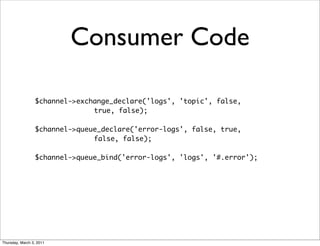 Consumer Code

                 $channel->exchange_declare('logs', 'topic', false,
                               true, false);

                 $channel->queue_declare('error-logs', false, true,
                               false, false);

                 $channel->queue_bind('error-logs', 'logs', '#.error');




Thursday, March 3, 2011
 