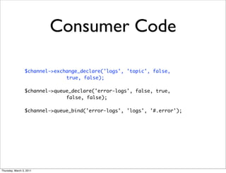 Consumer Code

                 $channel->exchange_declare('logs', 'topic', false,
                               true, false);

                 $channel->queue_declare('error-logs', false, true,
                               false, false);

                 $channel->queue_bind('error-logs', 'logs', '#.error');




Thursday, March 3, 2011
 