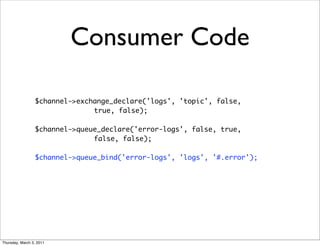 Consumer Code

                 $channel->exchange_declare('logs', 'topic', false,
                               true, false);

                 $channel->queue_declare('error-logs', false, true,
                               false, false);

                 $channel->queue_bind('error-logs', 'logs', '#.error');




Thursday, March 3, 2011
 