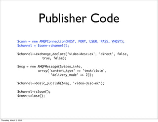 Publisher Code
                 $conn = new AMQPConnection(HOST, PORT, USER, PASS, VHOST);
                 $channel = $conn->channel();

                 $channel->exchange_declare('video-desc-ex', 'direct', false,
                              true, false);

                 $msg = new AMQPMessage($video_info,
                            array('content_type' => 'text/plain',
                                   'delivery_mode' => 2));

                 $channel->basic_publish($msg, 'video-desc-ex');

                 $channel->close();
                 $conn->close();




Thursday, March 3, 2011
 