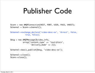 Publisher Code
                 $conn = new AMQPConnection(HOST, PORT, USER, PASS, VHOST);
                 $channel = $conn->channel();

                 $channel->exchange_declare('video-desc-ex', 'direct', false,
                              true, false);

                 $msg = new AMQPMessage($video_info,
                            array('content_type' => 'text/plain',
                                   'delivery_mode' => 2));

                 $channel->basic_publish($msg, 'video-desc-ex');

                 $channel->close();
                 $conn->close();




Thursday, March 3, 2011
 