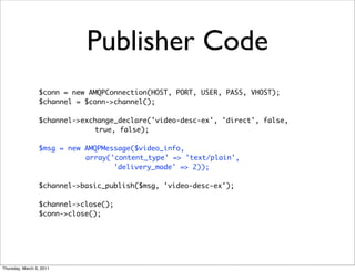 Publisher Code
                 $conn = new AMQPConnection(HOST, PORT, USER, PASS, VHOST);
                 $channel = $conn->channel();

                 $channel->exchange_declare('video-desc-ex', 'direct', false,
                              true, false);

                 $msg = new AMQPMessage($video_info,
                            array('content_type' => 'text/plain',
                                   'delivery_mode' => 2));

                 $channel->basic_publish($msg, 'video-desc-ex');

                 $channel->close();
                 $conn->close();




Thursday, March 3, 2011
 