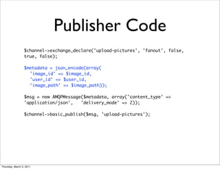 Publisher Code
                 $channel->exchange_declare('upload-pictures', 'fanout', false,
                 true, false);

                 $metadata = json_encode(array(
                   'image_id' => $image_id,
                   'user_id' => $user_id,
                   ‘image_path' => $image_path));

                 $msg = new AMQPMessage($metadata, array('content_type' =>
                 'application/json',   'delivery_mode' => 2));

                 $channel->basic_publish($msg, 'upload-pictures');




Thursday, March 3, 2011
 