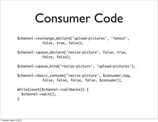 Consumer Code
                 $channel->exchange_declare('upload-pictures', 'fanout',
                             false, true, false);

                 $channel->queue_declare('resize-picture', false, true,
                             false, false);

                 $channel->queue_bind('resize-picture', 'upload-pictures');

                 $channel->basic_consume('resize-picture', $consumer_tag,
                             false, false, false, false, $consumer);

                 while(count($channel->callbacks)) {
                   $channel->wait();
                 }




Thursday, March 3, 2011
 