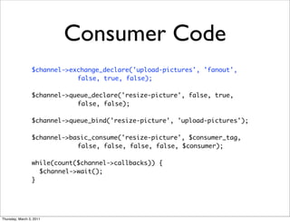 Consumer Code
                 $channel->exchange_declare('upload-pictures', 'fanout',
                             false, true, false);

                 $channel->queue_declare('resize-picture', false, true,
                             false, false);

                 $channel->queue_bind('resize-picture', 'upload-pictures');

                 $channel->basic_consume('resize-picture', $consumer_tag,
                             false, false, false, false, $consumer);

                 while(count($channel->callbacks)) {
                   $channel->wait();
                 }




Thursday, March 3, 2011
 