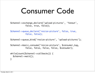 Consumer Code
                 $channel->exchange_declare('upload-pictures', 'fanout',
                             false, true, false);

                 $channel->queue_declare('resize-picture', false, true,
                             false, false);

                 $channel->queue_bind('resize-picture', 'upload-pictures');

                 $channel->basic_consume('resize-picture', $consumer_tag,
                             false, false, false, false, $consumer);

                 while(count($channel->callbacks)) {
                   $channel->wait();
                 }




Thursday, March 3, 2011
 