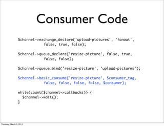 Consumer Code
                 $channel->exchange_declare('upload-pictures', 'fanout',
                             false, true, false);

                 $channel->queue_declare('resize-picture', false, true,
                             false, false);

                 $channel->queue_bind('resize-picture', 'upload-pictures');

                 $channel->basic_consume('resize-picture', $consumer_tag,
                             false, false, false, false, $consumer);

                 while(count($channel->callbacks)) {
                   $channel->wait();
                 }




Thursday, March 3, 2011
 