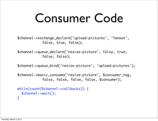 Consumer Code
                 $channel->exchange_declare('upload-pictures', 'fanout',
                             false, true, false);

                 $channel->queue_declare('resize-picture', false, true,
                             false, false);

                 $channel->queue_bind('resize-picture', 'upload-pictures');

                 $channel->basic_consume('resize-picture', $consumer_tag,
                             false, false, false, false, $consumer);

                 while(count($channel->callbacks)) {
                   $channel->wait();
                 }




Thursday, March 3, 2011
 