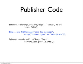 Publisher Code
                 $channel->exchange_declare('logs', 'topic', false,
                               true, false);

                 $msg = new AMQPMessage('some log message',
                               array('content_type' => 'text/plain'));

                 $channel->basic_publish($msg, 'logs',
                               server1.user.profile.info');




Thursday, March 3, 2011
 