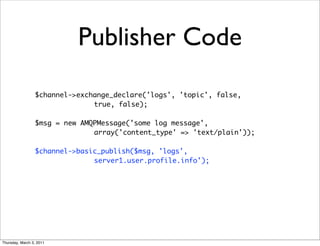 Publisher Code
                 $channel->exchange_declare('logs', 'topic', false,
                               true, false);

                 $msg = new AMQPMessage('some log message',
                               array('content_type' => 'text/plain'));

                 $channel->basic_publish($msg, 'logs',
                               server1.user.profile.info');




Thursday, March 3, 2011
 