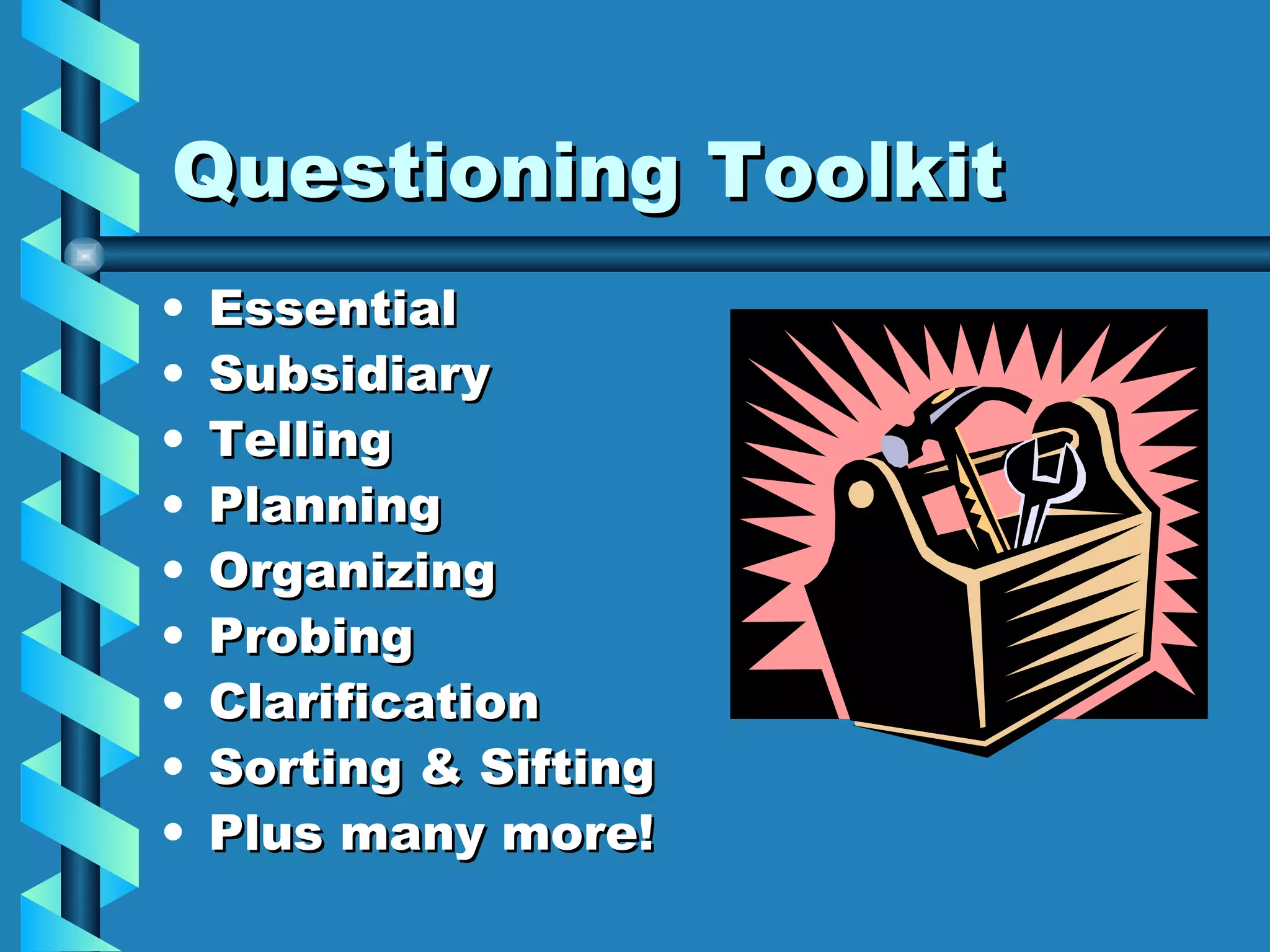 Questioning Toolkit Essential Subsidiary Telling Planning Organizing Probing Clarification Sorting & Sifting Plus many more! 