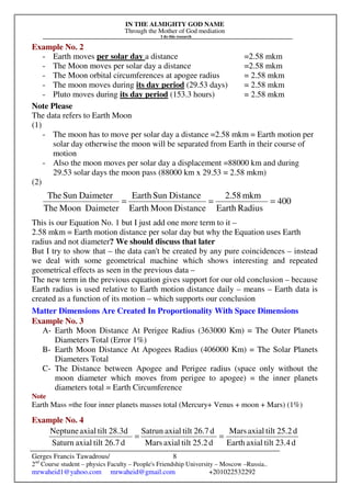 IN THE ALMIGHTY GOD NAME
Through the Mother of God mediation
I do this research
Gerges Francis Tawadrous/
2nd
Course student – physics Faculty – People's Friendship University – Moscow –Russia..
mrwaheid1@yahoo.com mrwaheid@gmail.com +201022532292
8
Example No. 2
- Earth moves per solar day a distance =2.58 mkm
- The Moon moves per solar day a distance =2.58 mkm
- The Moon orbital circumferences at apogee radius = 2.58 mkm
- The moon moves during its day period (29.53 days) = 2.58 mkm
- Pluto moves during its day period (153.3 hours) = 2.58 mkm
Note Please
The data refers to Earth Moon
(1)
- The moon has to move per solar day a distance =2.58 mkm = Earth motion per
solar day otherwise the moon will be separated from Earth in their course of
motion
- Also the moon moves per solar day a displacement =88000 km and during
29.53 solar days the moon pass (88000 km x 29.53 = 2.58 mkm)
(2)
This is our Equation No. 1 but I just add one more term to it –
2.58 mkm = Earth motion distance per solar day but why the Equation uses Earth
radius and not diameter? We should discuss that later
But I try to show that – the data can't be created by any pure coincidences – instead
we deal with some geometrical machine which shows interesting and repeated
geometrical effects as seen in the previous data –
The new term in the previous equation gives support for our old conclusion – because
Earth radius is used relative to Earth motion distance daily – means – Earth data is
created as a function of its motion – which supports our conclusion
Matter Dimensions Are Created In Proportionality With Space Dimensions
Example No. 3
A- Earth Moon Distance At Perigee Radius (363000 Km) = The Outer Planets
Diameters Total (Error 1%)
B- Earth Moon Distance At Apogees Radius (406000 Km) = The Solar Planets
Diameters Total
C- The Distance between Apogee and Perigee radius (space only without the
moon diameter which moves from perigee to apogee) = the inner planets
diameters total = Earth Circumference
Note
Earth Mass =the four inner planets masses total (Mercury+ Venus + moon + Mars) (1%)
Example No. 4
400
RadiusEarth
mkm2.58
DistanceMoonEarth
DistanceSunEarth
DaimeterMoonThe
DaimeterSunThe
===
d23.4tiltaxialEarth
d25.2tiltaxialMars
d25.2tiltaxialMars
d26.7tiltaxialSatrun
d26.7tiltaxialSaturn
28.3dtiltaxialNeptune
==
 