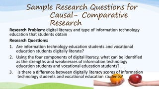 Sample Research Questions for
Causal- Comparative
Research
Research Problem: digital literacy and type of information technology
education that students obtain
Research Questions:
1. Are information technology education students and vocational
education students digitally literate?
2. Using the four components of digital literacy, what can be identified
as the strengths and weaknesses of information technology
education students and vocational education students?
3. Is there a difference between digitally literacy scores of information
technology students and vocational education students?
 