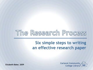 The Research Process Six simple steps to writing an effective research paper Carteret Community College Library Elizabeth Baker, 2009 