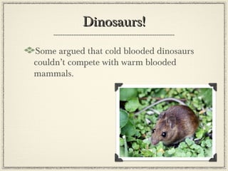 Dinosaurs!
Some argued that cold blooded dinosaurs
couldn’t compete with warm blooded
mammals.
 