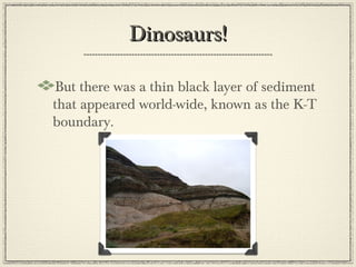 Dinosaurs!

But there was a thin black layer of sediment
that appeared world-wide, known as the K-T
boundary.
 