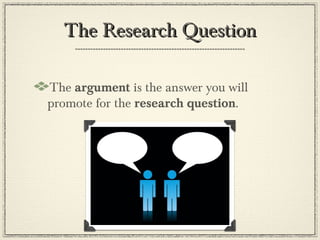 The Research Question

The argument is the answer you will
promote for the research question.
 