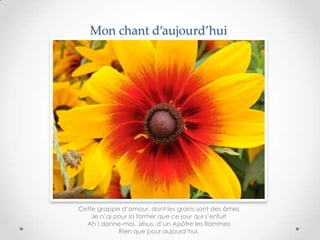 Mon chant d’aujourd’hui

Cette grappe d’amour, dont les grains sont des âmes
Je n’ai pour la former que ce jour qui s’enfuit
Ah ! donne-moi, Jésus, d’un Apôtre les flammes
Rien que pour aujourd’hui.

 